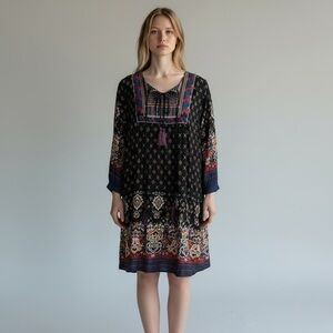 Umgee Black Boho Midi Dress with Navy and Burgundy Accents